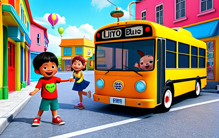 ** Colorful and cheerful scene featuring Tayo the Little Bus and his friends (Rogi, Lani, Gani) interacting playfully in a child-friendly city environment. The scene should evoke feelings of friendship, learning, and fun. Focus on bright colors and cute character designs.

**