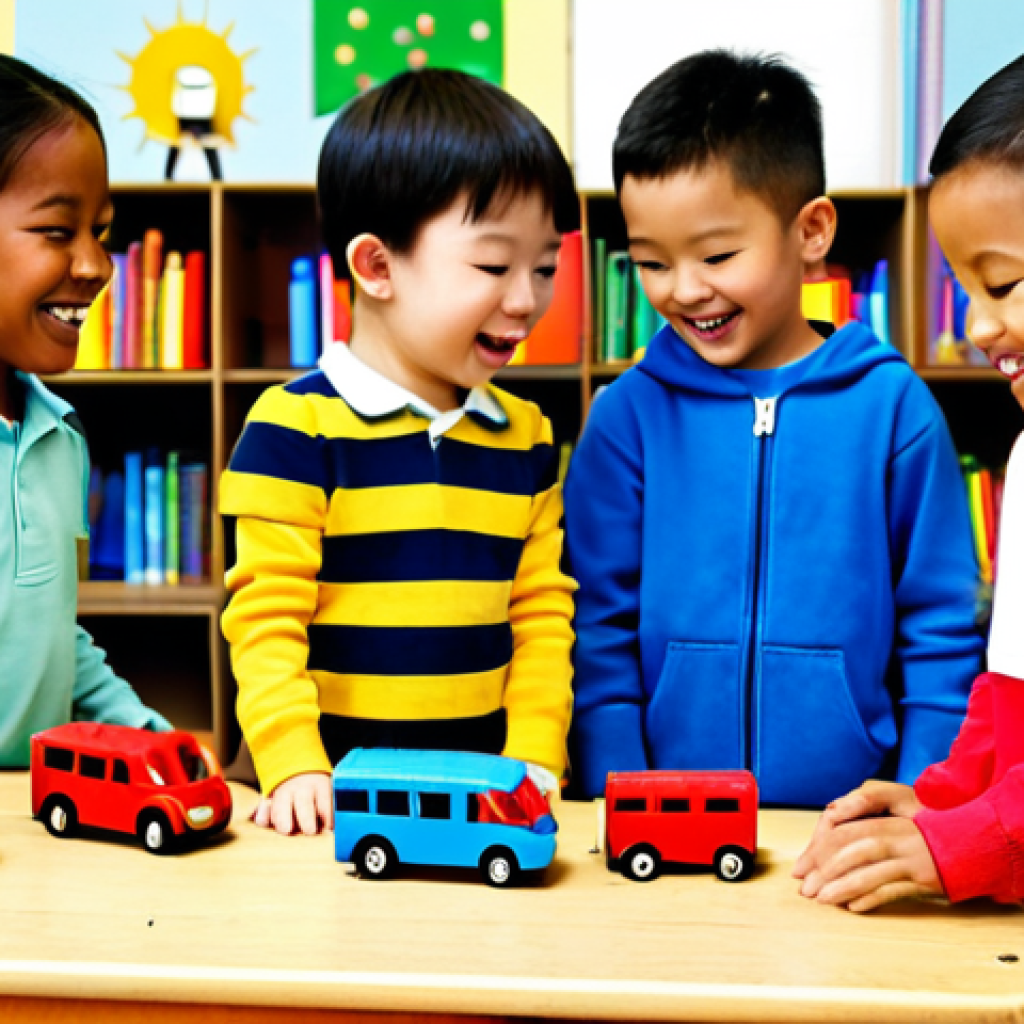 A group of diverse children, aged 4-6, in a vibrant, sunlit kindergarten classroom. They are actively engaged in imaginative play, using colorful building blocks to construct a miniature city road. Several children are holding small toy buses resembling Tayo and his friends, miming their movements and cheerful expressions. One child, fully clothed in modest, comfortable attire, is pointing excitedly at a toy bus, while another, also appropriately dressed, helps to arrange the blocks. The scene emphasizes joyful learning, teamwork, and creative role-playing. Perfect anatomy, correct proportions, natural poses, well-formed hands, proper finger count. Professional photography, high quality, bright and cheerful lighting, family-friendly, safe for work, appropriate content.