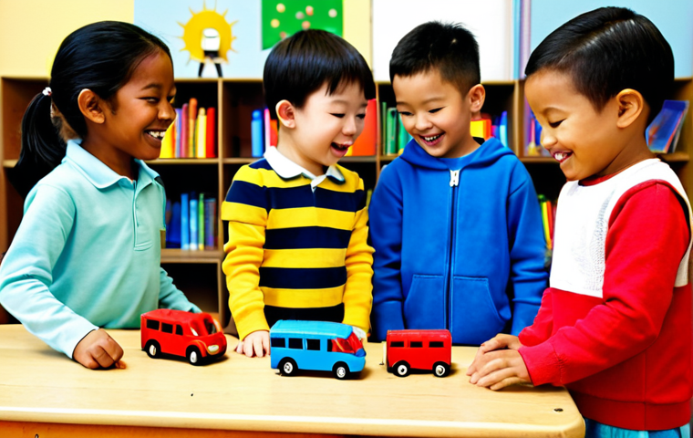 A group of diverse children, aged 4-6, in a vibrant, sunlit kindergarten classroom. They are actively engaged in imaginative play, using colorful building blocks to construct a miniature city road. Several children are holding small toy buses resembling Tayo and his friends, miming their movements and cheerful expressions. One child, fully clothed in modest, comfortable attire, is pointing excitedly at a toy bus, while another, also appropriately dressed, helps to arrange the blocks. The scene emphasizes joyful learning, teamwork, and creative role-playing. Perfect anatomy, correct proportions, natural poses, well-formed hands, proper finger count. Professional photography, high quality, bright and cheerful lighting, family-friendly, safe for work, appropriate content.