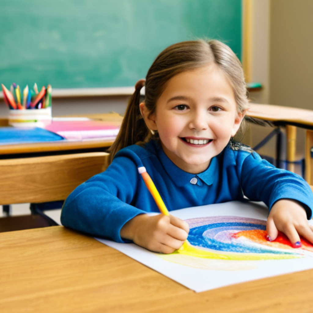 A joyful young child, 6 years old, fully clothed in modest and appropriate attire, is happily engaged in a creative drawing activity at a sturdy wooden table in a brightly lit, spacious classroom. The child uses various colorful crayons and paper, surrounded by educational posters depicting a rainbow of vibrant colors. The scene highlights the child's natural curiosity and engagement with different hues. Perfect anatomy, correct proportions, natural pose, well-formed hands, proper finger count, natural body proportions, professional photography, high quality, safe for work, appropriate content, fully clothed, family-friendly.