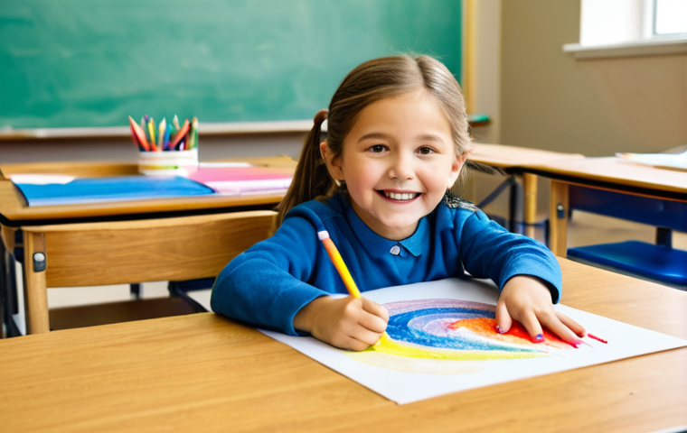 A joyful young child, 6 years old, fully clothed in modest and appropriate attire, is happily engaged in a creative drawing activity at a sturdy wooden table in a brightly lit, spacious classroom. The child uses various colorful crayons and paper, surrounded by educational posters depicting a rainbow of vibrant colors. The scene highlights the child's natural curiosity and engagement with different hues. Perfect anatomy, correct proportions, natural pose, well-formed hands, proper finger count, natural body proportions, professional photography, high quality, safe for work, appropriate content, fully clothed, family-friendly.