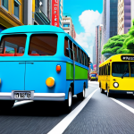 **Prompt:** "Bright and colorful scene inspired by Tayo the Little Bus, featuring Tayo (blue bus) and his friends Rogi (green), Lani (yellow), and Gani (red), all fully clothed, driving through a vibrant city with iconic landmarks, safe for work, appropriate content, perfect anatomy, natural proportions, professional animation style, family-friendly"