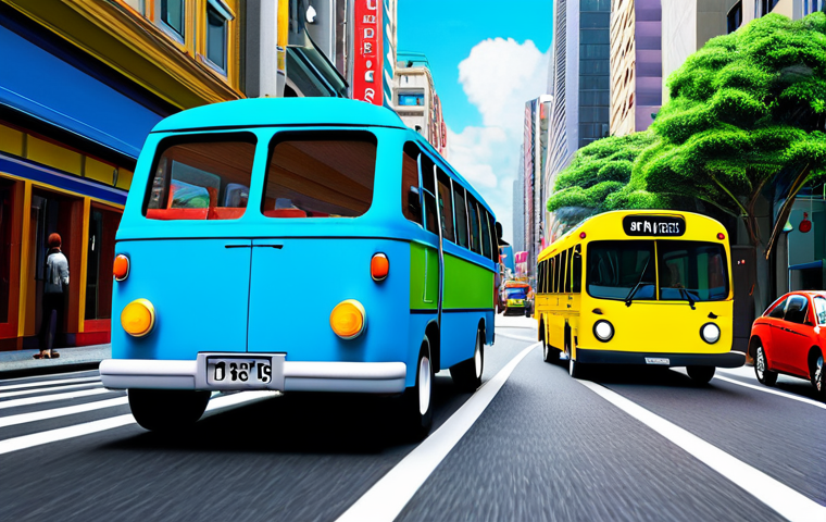 **Prompt:** "Bright and colorful scene inspired by Tayo the Little Bus, featuring Tayo (blue bus) and his friends Rogi (green), Lani (yellow), and Gani (red), all fully clothed, driving through a vibrant city with iconic landmarks, safe for work, appropriate content, perfect anatomy, natural proportions, professional animation style, family-friendly"