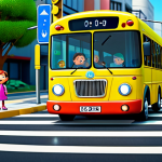 **Prompt:** A brightly colored "Tayo the Little Bus" cartoon character teaching children about traffic safety rules in a cheerful urban environment with pedestrian crossings and traffic lights. Fully clothed children are attentively listening. Safe for work, appropriate content, family-friendly, perfect anatomy, correct proportions, natural pose, high quality animation style.