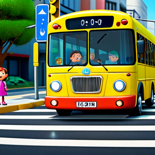 **Prompt:** A brightly colored "Tayo the Little Bus" cartoon character teaching children about traffic safety rules in a cheerful urban environment with pedestrian crossings and traffic lights. Fully clothed children are attentively listening. Safe for work, appropriate content, family-friendly, perfect anatomy, correct proportions, natural pose, high quality animation style.