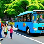 타요의 사회적 공헌 - Community Engagement**

"Tayo the Little Bus, driving through a vibrant community street, children w...