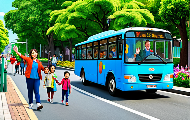타요의 사회적 공헌 - Community Engagement**

"Tayo the Little Bus, driving through a vibrant community street, children w...