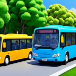 타요의 어린이 창의성 증진 - A group of friendly, colorful cartoon buses, including a small blue bus (Tayo), driving through a br...