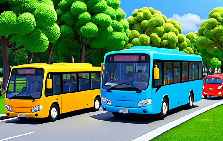 타요의 어린이 창의성 증진 - A group of friendly, colorful cartoon buses, including a small blue bus (Tayo), driving through a br...