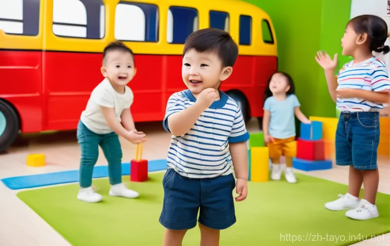 타요 관련 교구 활용법 - **Prompt:** A group of cheerful preschoolers, wearing everyday clothes like t-shirts and shorts, are...