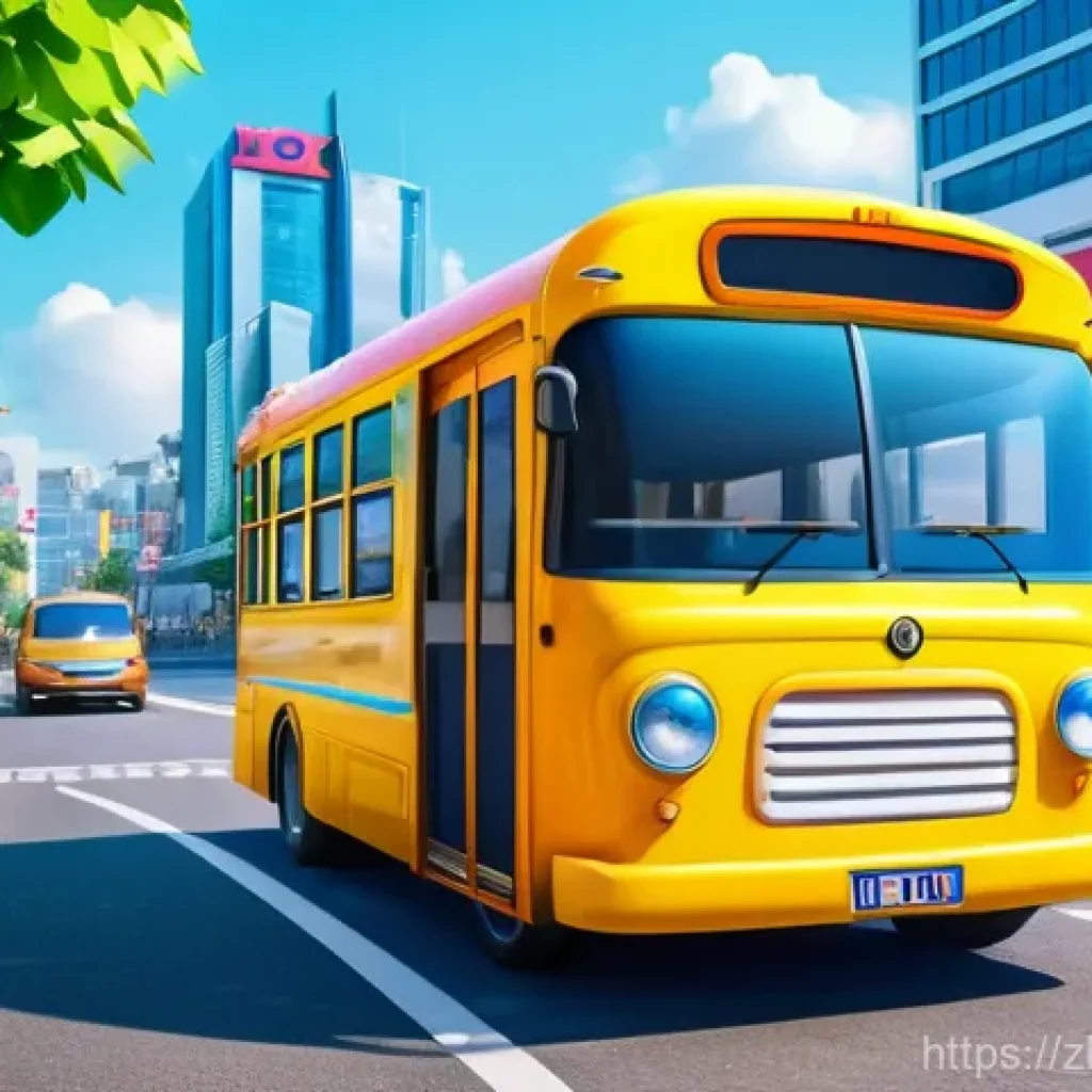타요 제작사 - **Prompt:** A vibrant, cheerful 3D animation of Tayo the Little Bus (blue) standing proudly in a bus...