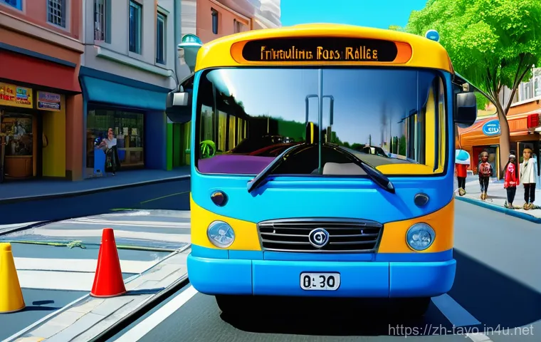타요 제작사 - **Prompt:** A vibrant, cheerful 3D animation of Tayo the Little Bus (blue) standing proudly in a bus...