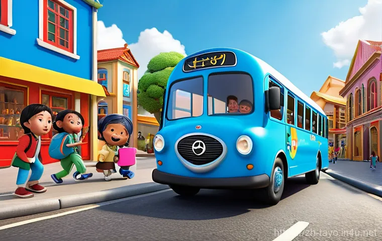 타요 제작사 - **Prompt:** A lively and educational 3D animated scene featuring Tayo (blue, curious), Rogi (green, ...