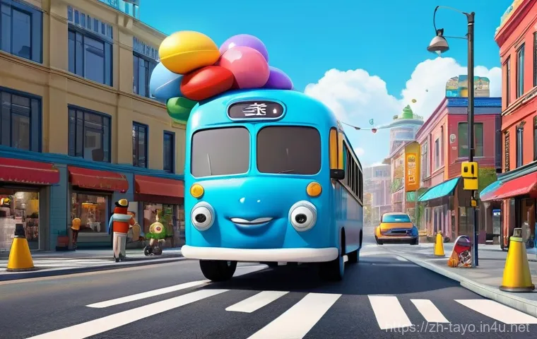 타요의 유머 코드 - **Prompt: Tayo's First Delivery Mishap**
    A charming and whimsical animated scene featuring Tayo ...