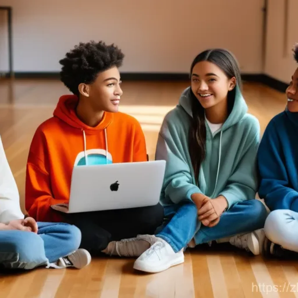 타요와 로기 우정 이야기 - A vibrant and diverse group of five teenagers, aged 16-18, are gathered in a sunlit community center...