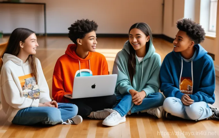타요와 로기 우정 이야기 - A vibrant and diverse group of five teenagers, aged 16-18, are gathered in a sunlit community center...