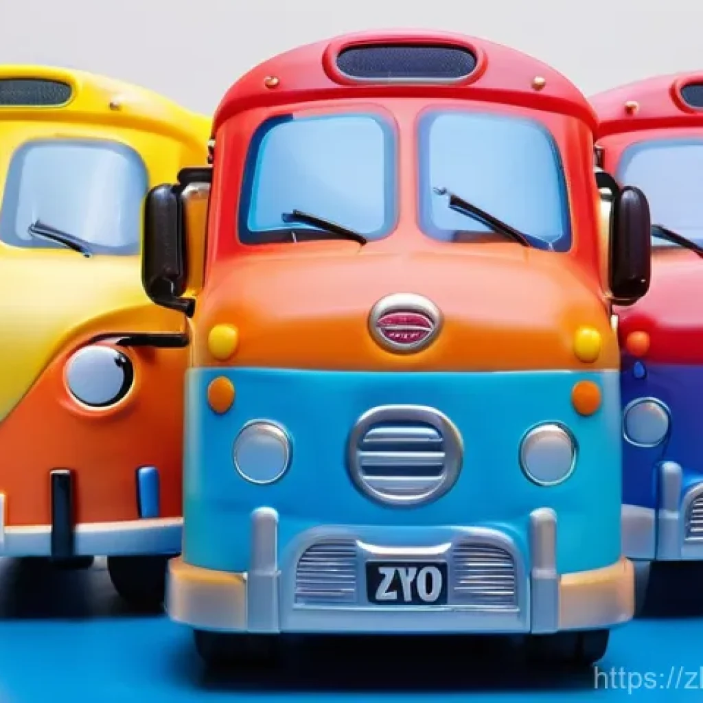 타요의 특별 에디션 - A vibrant, high-quality, close-up shot of a diverse group of brand-new Tayo the Little Bus toy chara...