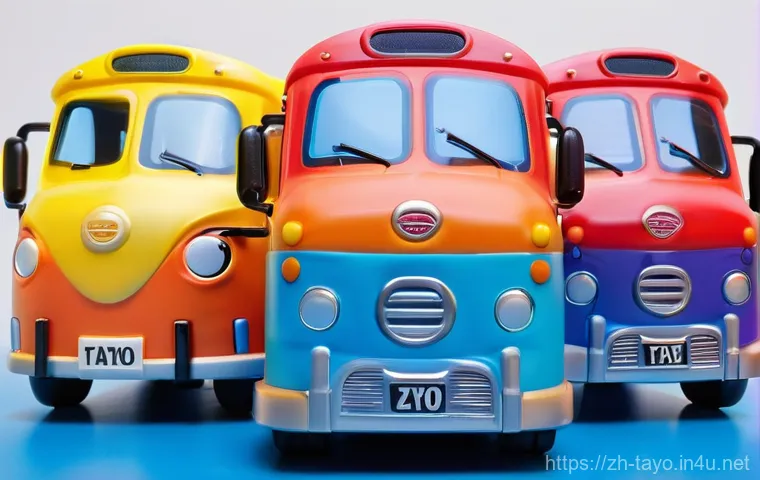 타요의 특별 에디션 - A vibrant, high-quality, close-up shot of a diverse group of brand-new Tayo the Little Bus toy chara...