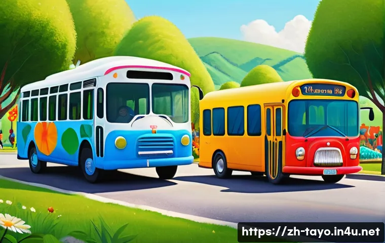 타요 연령별 인기 이유 - **Prompt:** A vibrant, cheerful scene depicting Tayo the Little Bus and his friends Rogi and Gani ha...