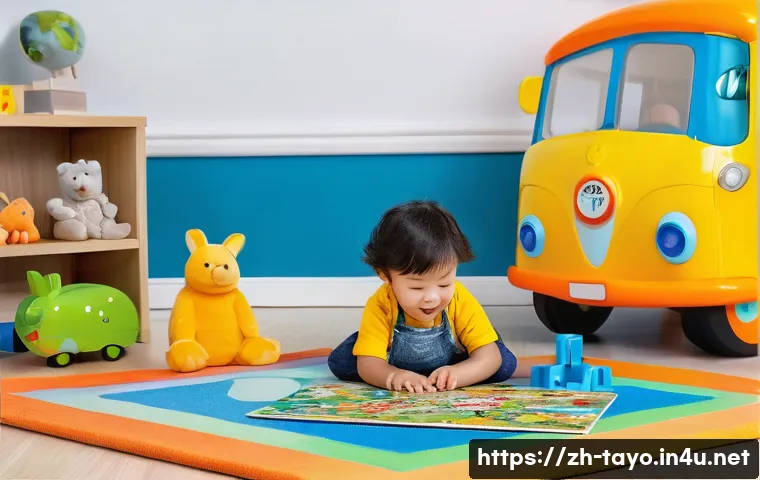 타요 라이선스 상품 - **Prompt 1: Fun and Educational Tayo Puzzle Play**
    "A cheerful child, approximately 4 years old,...