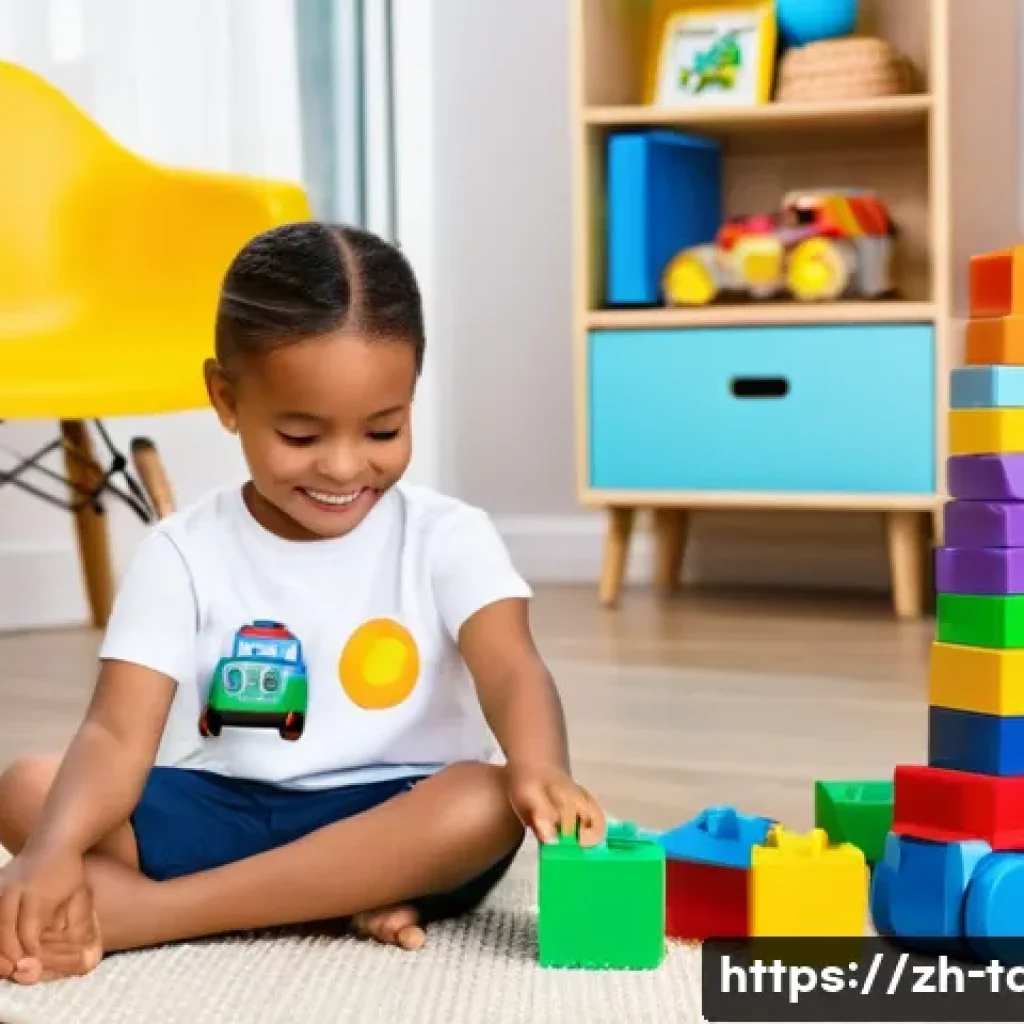 타요 관련 캐릭터 상품 - A cheerful child, approximately 5 years old, is seated on a soft, clean rug in a brightly lit playro...