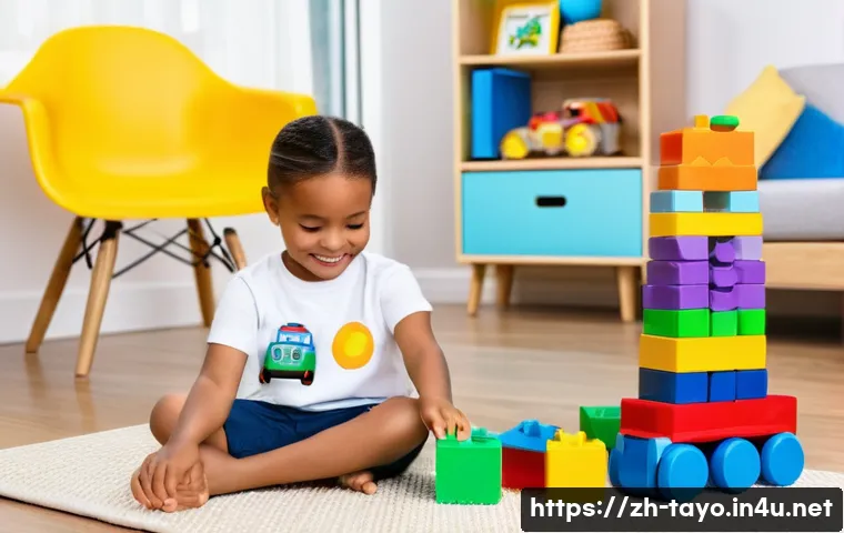 타요 관련 캐릭터 상품 - A cheerful child, approximately 5 years old, is seated on a soft, clean rug in a brightly lit playro...