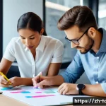 타요와 가니의 팀워크 - A dynamic office scene illustrating complementary teamwork: two professional colleagues collaboratin...