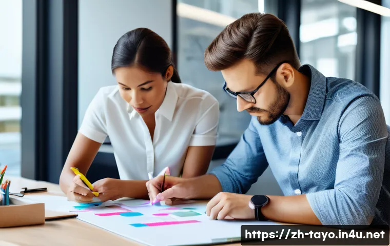 타요와 가니의 팀워크 - A dynamic office scene illustrating complementary teamwork: two professional colleagues collaboratin...