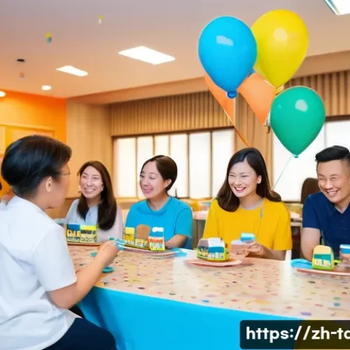 타요 팬 커뮤니티 활동 - A lively and warm community gathering scene featuring diverse parents and children at a Tayo-themed ...