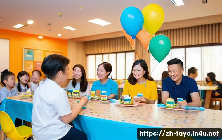 타요 팬 커뮤니티 활동 - A lively and warm community gathering scene featuring diverse parents and children at a Tayo-themed ...