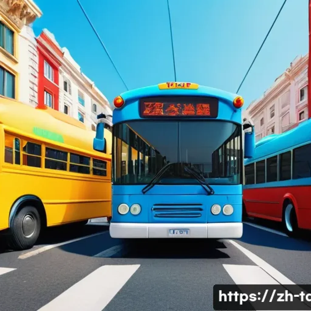 타요 주요 캐릭터 - A vibrant urban scene featuring animated bus characters with distinct personalities: the main blue b...