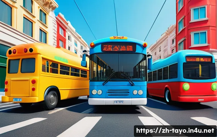 타요 주요 캐릭터 - A vibrant urban scene featuring animated bus characters with distinct personalities: the main blue b...