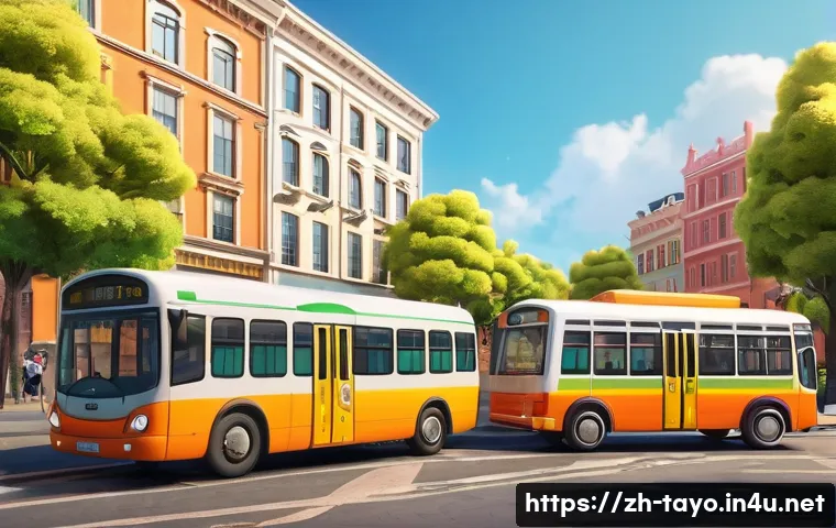 타요와 애니메이션 기법 - A vibrant and heartwarming 2D hand-drawn animation scene featuring cute, colorful small buses with e...