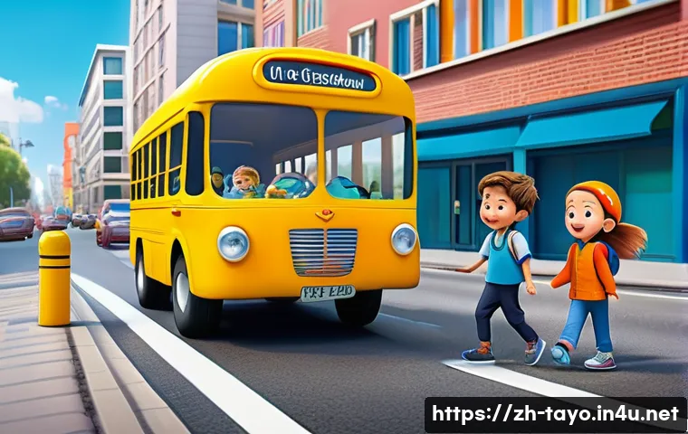타요 유튜브 공식 채널 - A colorful and vibrant scene featuring animated bus characters from a children’s show, each with fri...