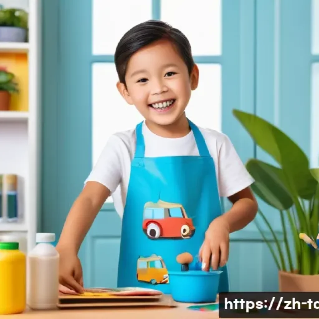 타요와 가족 콘텐츠 제작 - A cheerful child aged 4-6 wearing colorful casual clothes and a playful Tayo-themed apron, happily c...