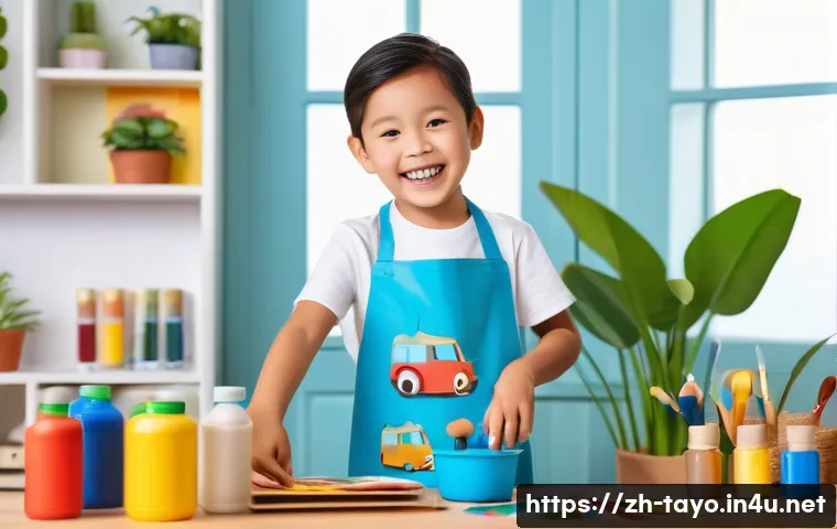 타요와 가족 콘텐츠 제작 - A cheerful child aged 4-6 wearing colorful casual clothes and a playful Tayo-themed apron, happily c...