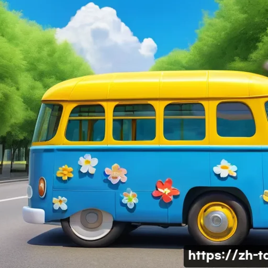 타요 관련 영상 제작 가이드 - A vibrant and lively scene featuring a blue and yellow cartoon bus character inspired by Tayo, desig...