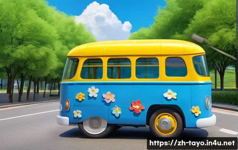 타요 관련 영상 제작 가이드 - A vibrant and lively scene featuring a blue and yellow cartoon bus character inspired by Tayo, desig...