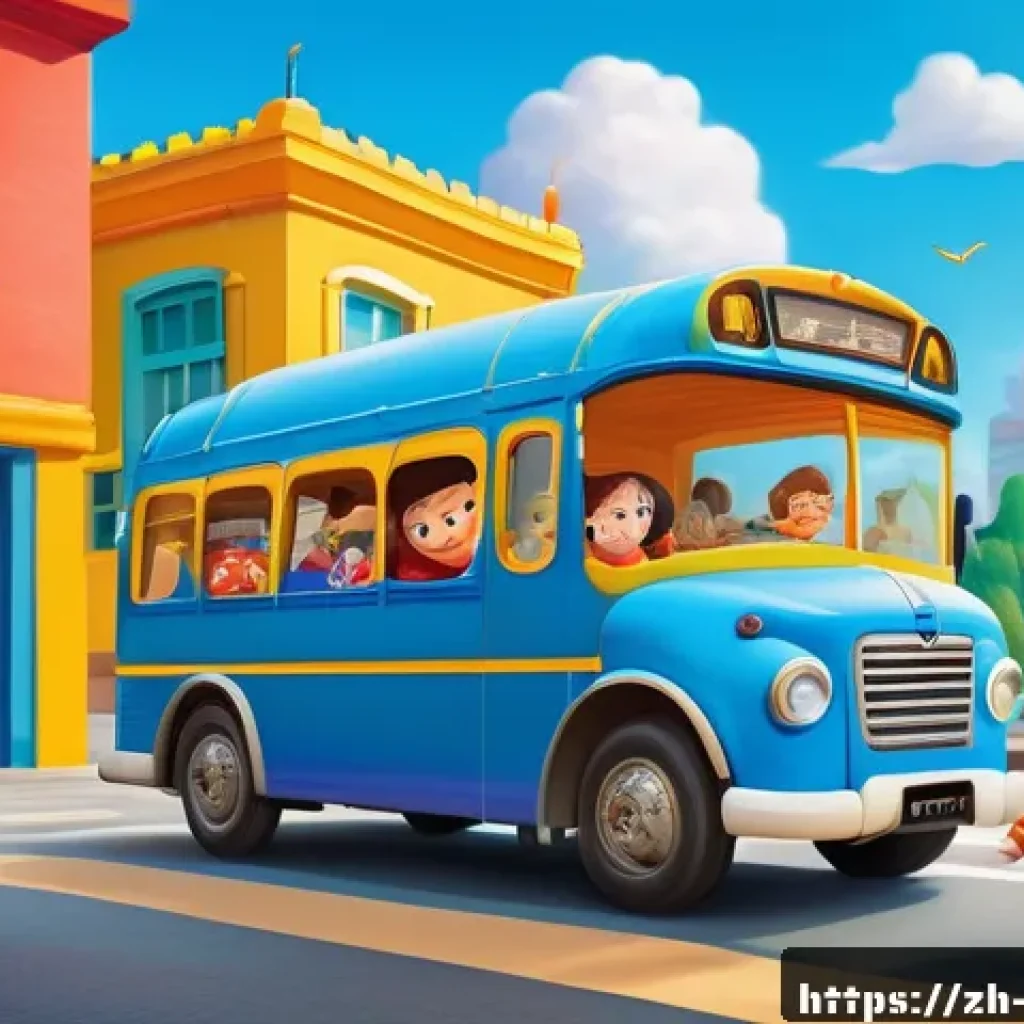 타요의 교육적 효과 - A colorful and vibrant scene featuring a group of animated, anthropomorphic buses and vehicles with ...