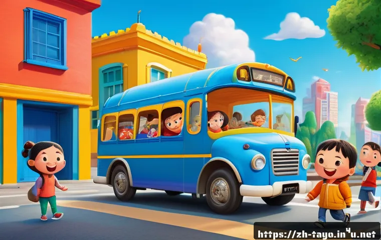 타요의 교육적 효과 - A colorful and vibrant scene featuring a group of animated, anthropomorphic buses and vehicles with ...