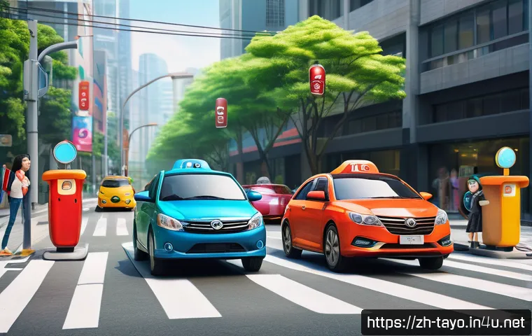 타요와 주제별 스토리 - A vibrant animated city street scene featuring colorful cartoon cars resembling characters from the ...