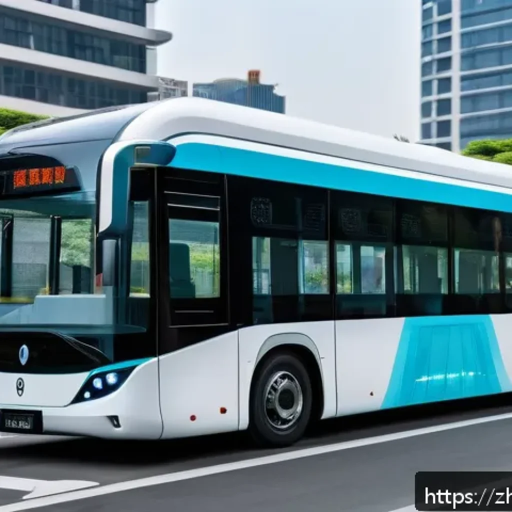 타요 버스 시스템 모델 - A futuristic smart electric bus navigating through a bustling modern Chinese city at rush hour, with...