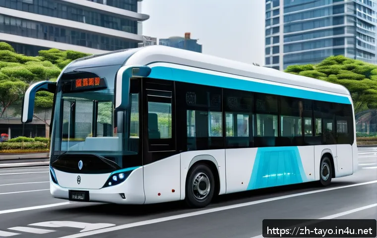 타요 버스 시스템 모델 - A futuristic smart electric bus navigating through a bustling modern Chinese city at rush hour, with...