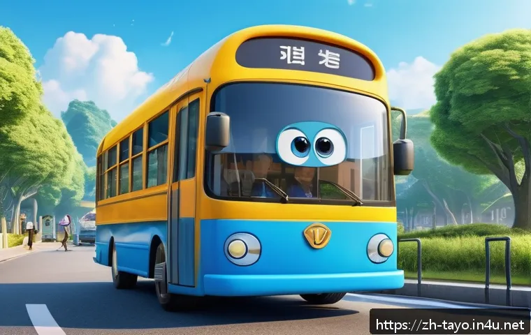 타요 캐릭터 소개 - A vibrant 3D scene featuring Tayo, the optimistic and brave blue bus, with a shiny blue body symboli...