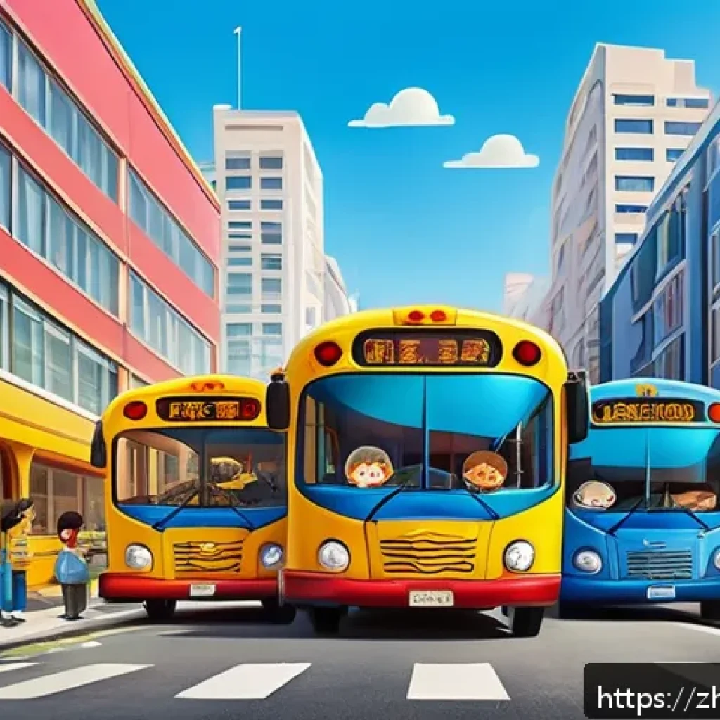 타요 애니메이션의 특별함 - A vibrant and colorful scene featuring a group of diverse, friendly animated bus characters with dis...