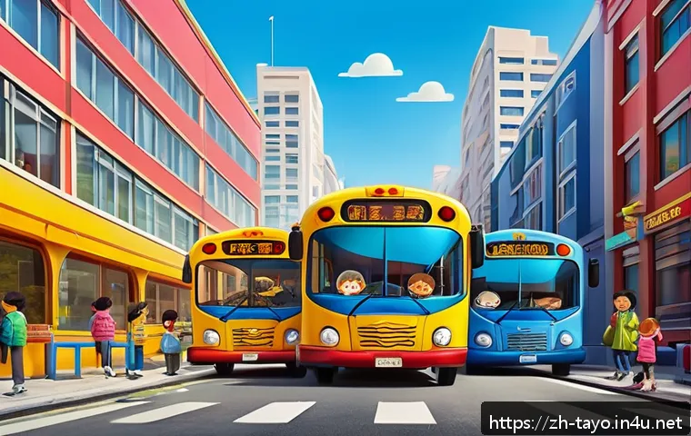 타요 애니메이션의 특별함 - A vibrant and colorful scene featuring a group of diverse, friendly animated bus characters with dis...