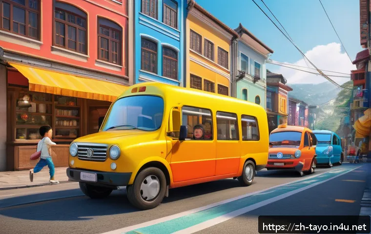 타요 비슷한 애니메이션 - A vibrant and colorful animated scene featuring anthropomorphic vehicles with expressive faces and l...