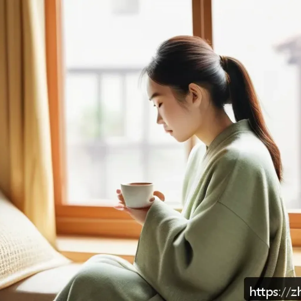 타요와 감성 콘텐츠 - A warm, intimate morning scene in a modern Chinese apartment with soft sunlight gently streaming thr...