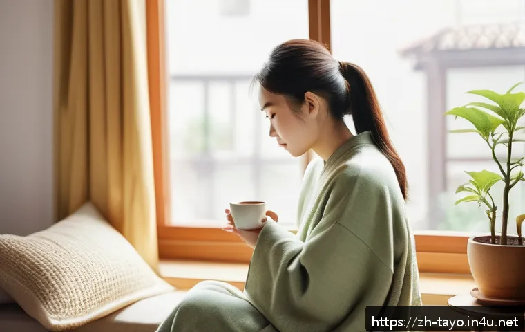 타요와 감성 콘텐츠 - A warm, intimate morning scene in a modern Chinese apartment with soft sunlight gently streaming thr...