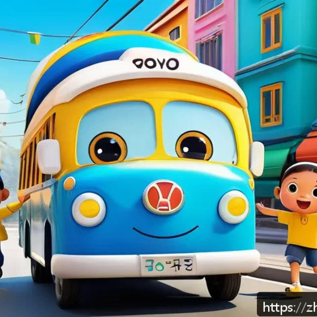 타요 등장인물 성격 비교 - A vibrant and cheerful animated small bus character named Tayo, shining bright yellow with big frien...